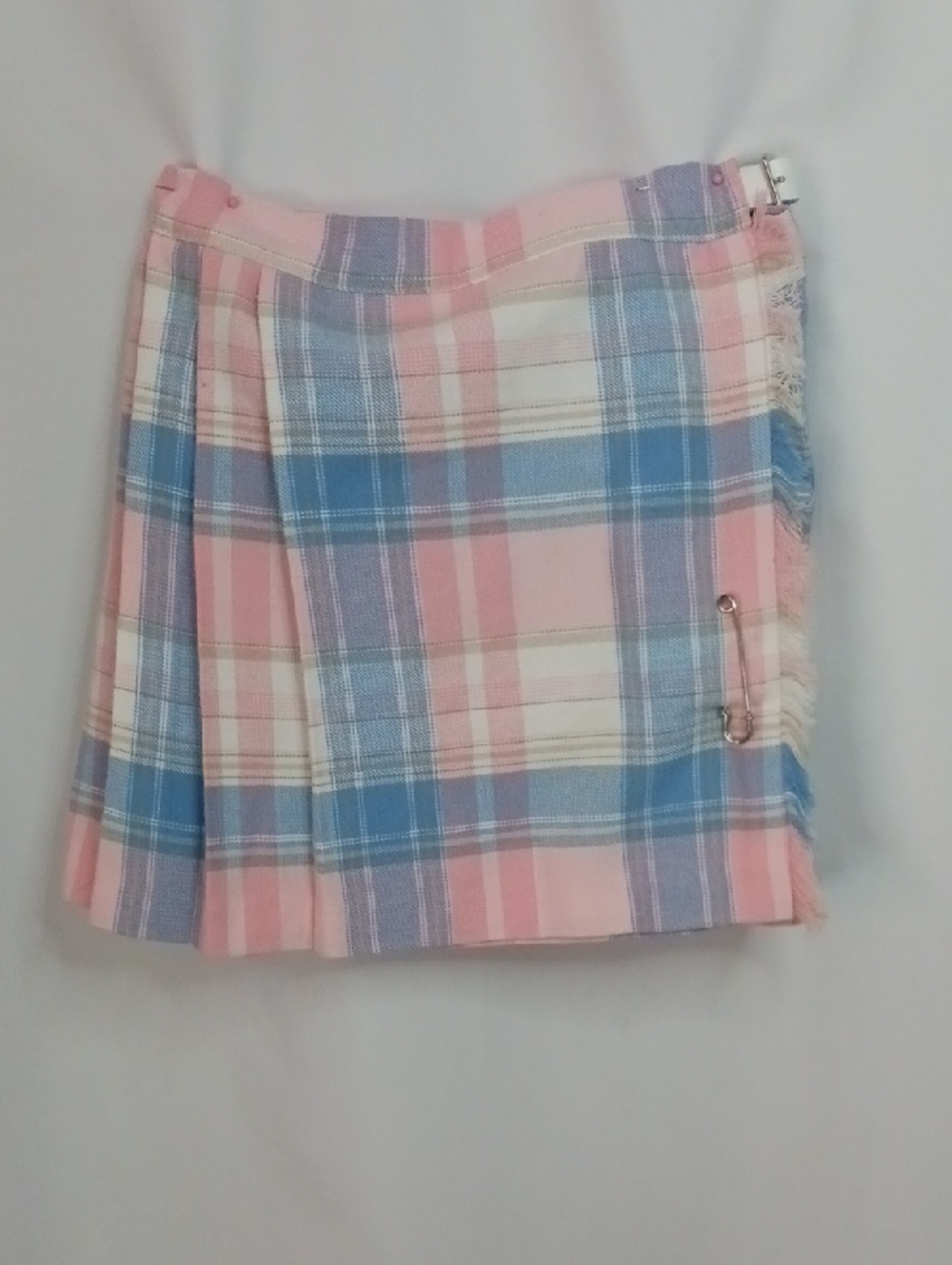 80s St Michael Pastel Pink, Blue, White & Tan Kilt Style Pleated Skirt.